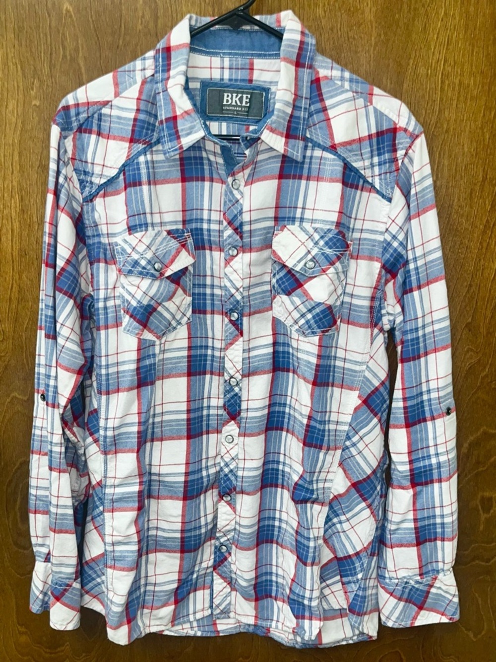 BKE Plaid Button-Up Shirt in Blue, Red & White